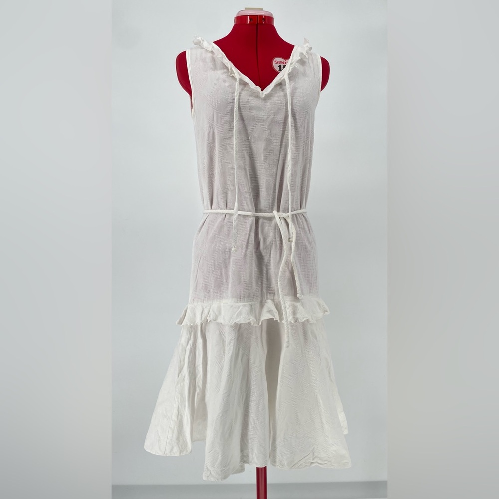 Vintage Crisp White Drop Waist Midi Dress With Neckline Ties & Tie Belt